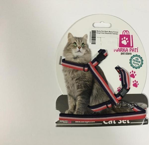 Marka Pati Siyah Beyaz Kırmızı Çizgili Kedi Gezdirme Tasması - Image 1
