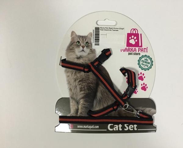 Marka Pati Siyah Kırmızı Çizgili Kedi Gezdirme Tasması - Image 1