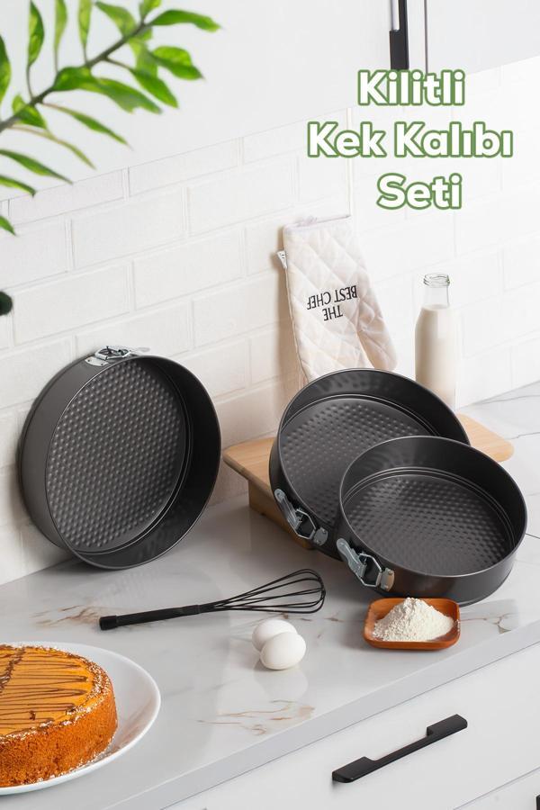 Porsima 912 3lü Yanmaz Yapışmaz Metal Kilitli Kelepçeli Yuvarlak Kek Kalıbı Seti - Image 1