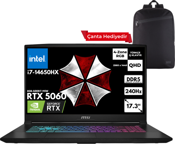 MSI KATANA 17 HX i7-14650HX 32-GBDDR5 4 TBSSD RTX5060 (8GB-GDDR7-115W) 17.3" QHD 240Hz Windows 10 Pro + Sırt Çantası B14WFK-215XTRHMF57 - Image 1
