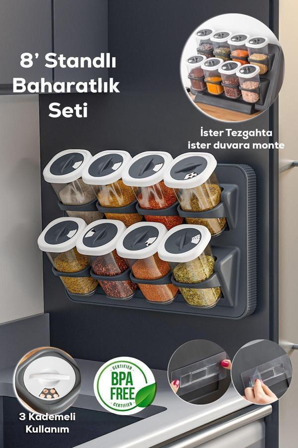 Porsima 8'li Etiketli Asmalı Yapışkanlı Tezgah Üstü Döner Kapaklı Baharatlık Seti Antrasit - Image 1