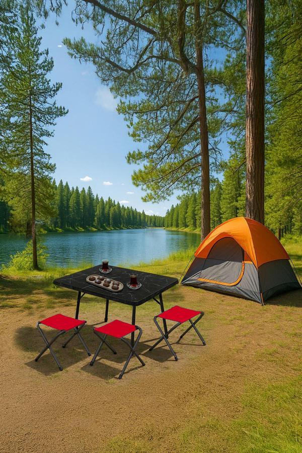 Exent 45X60 cm Kamp Sehpası + 3 Adet KIRMIZI Tabure Piknik, bahçe balkon sehpası Katlanır Sehpa-ME-3K - Image 1
