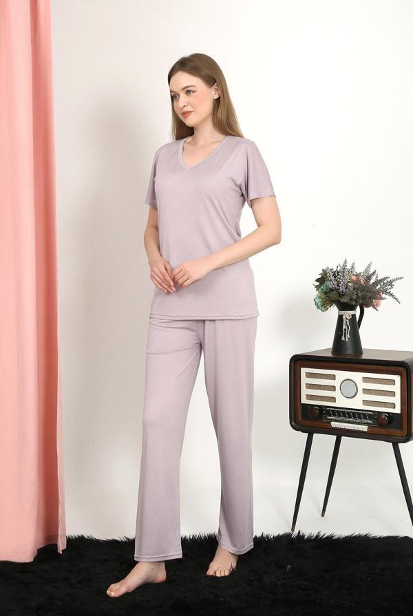 Akbeniz Kadın Kısa Kol Pamuk Penye Pijama Takım Pudra 4213 - Image 1