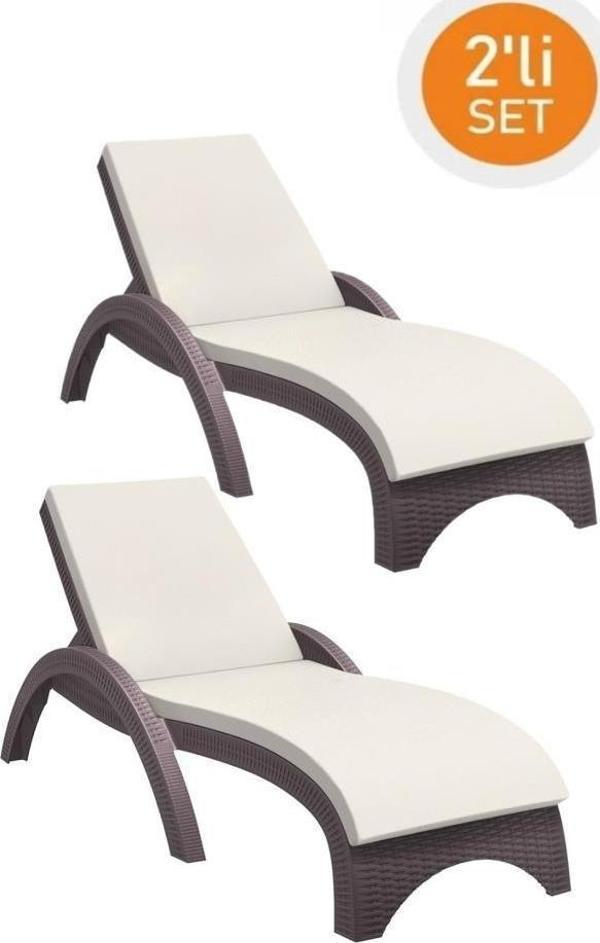 Omnipazar TRK-860 Siesta Fiji Bej Minderli Rattan Desenli Ayarlanabilir Lüks Şezlong Kahverengi 2'li Set  - Image 1