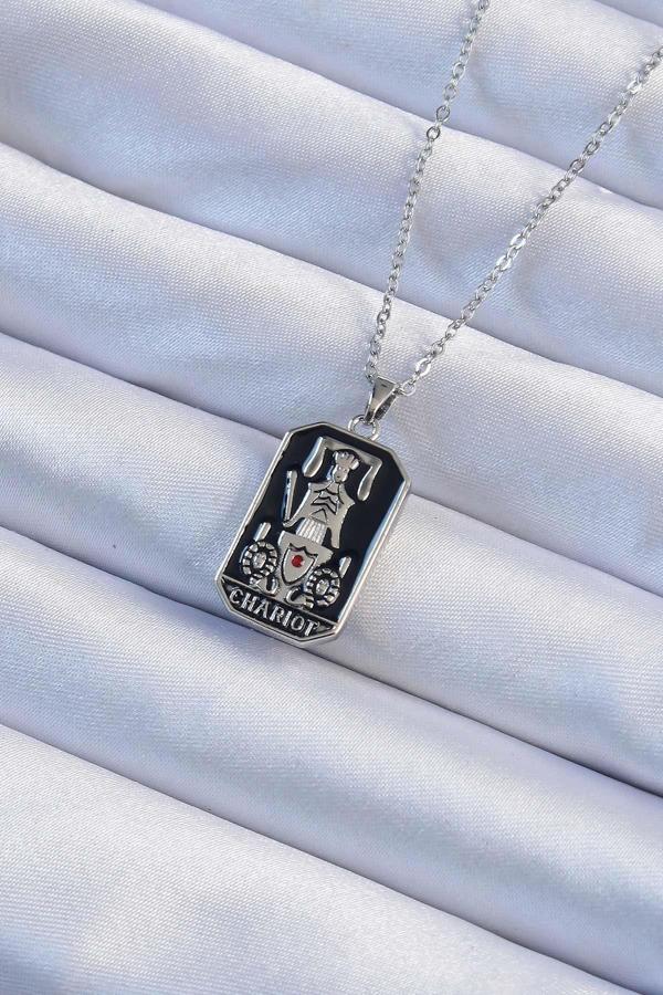 Celira Çelik Zincir Gümüş Renk Siyah Mineli Tarot Kolye - Image 1