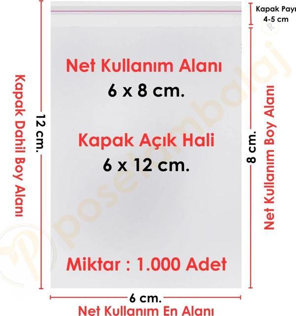 6x8+4 cm.(6x12) 1.000 Adet Şeffaf Bantlı Yapışkanlı OPP Poşet - Image 1