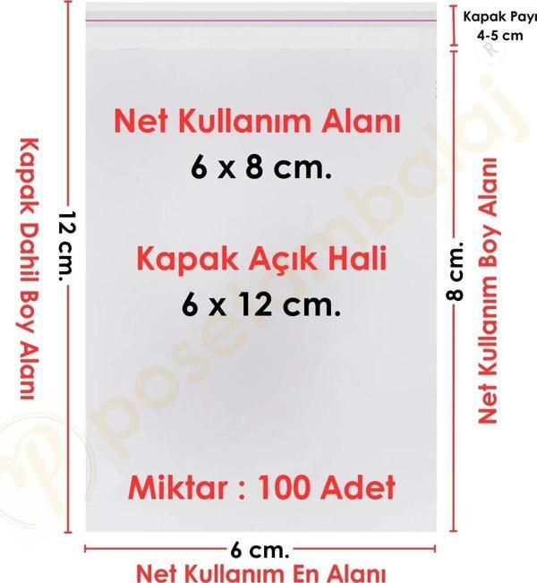 6x8+4 cm.(6x12) 100 Adet Şeffaf Bantlı Yapışkanlı OPP Poşet - Image 1