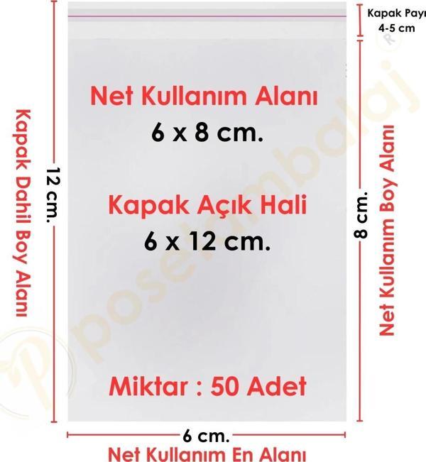 6x8+4 cm.(6x12) 50 Adet Şeffaf Bantlı Yapışkanlı OPP Poşet - Image 1