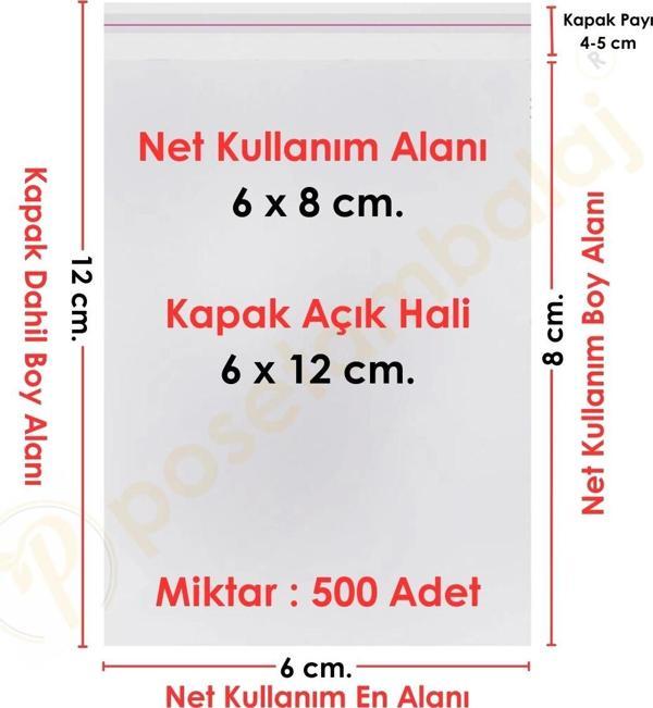 6x8+4 cm.(6x12) 500 Adet Şeffaf Bantlı Yapışkanlı OPP Poşet - Image 1