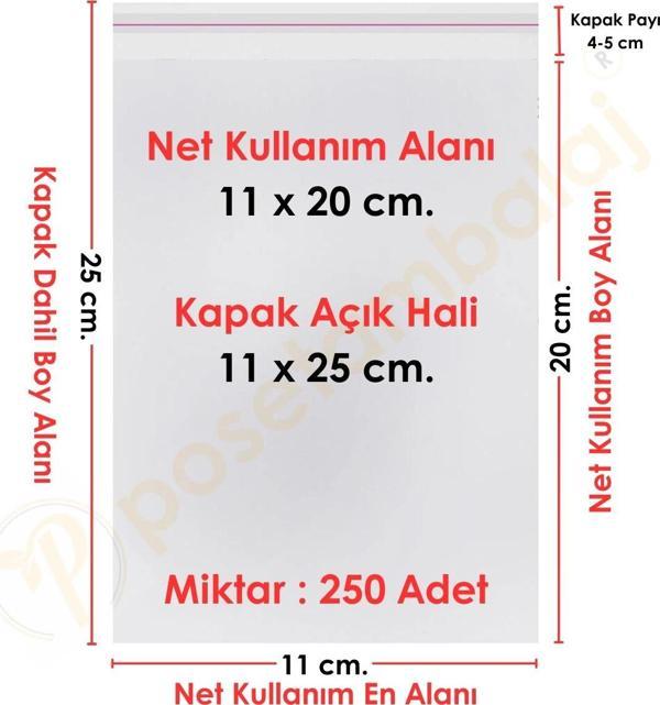 11x20+5 cm.(11x25) 250 Adet Şeffaf Bantlı Yapışkanlı OPP Poşet - Image 1