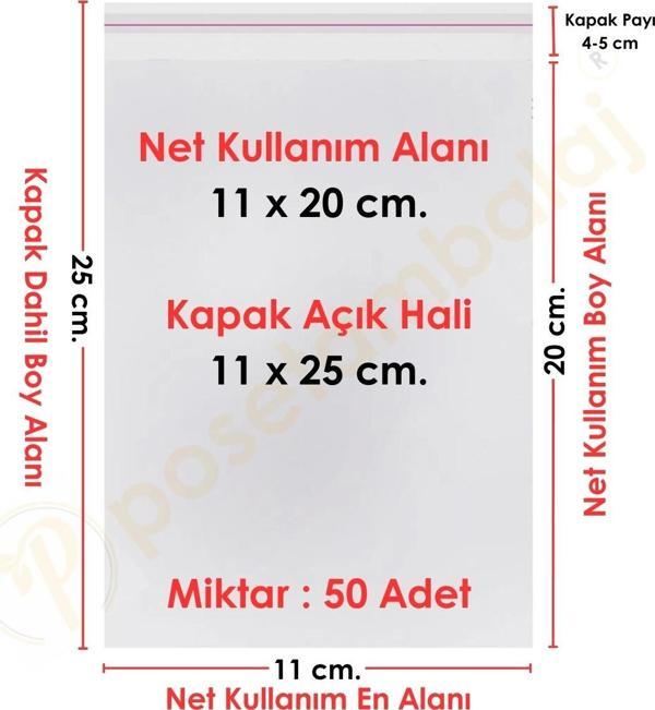 11x20+5 cm.(11x25) 50 Adet Şeffaf Bantlı Yapışkanlı OPP Poşet - Image 1