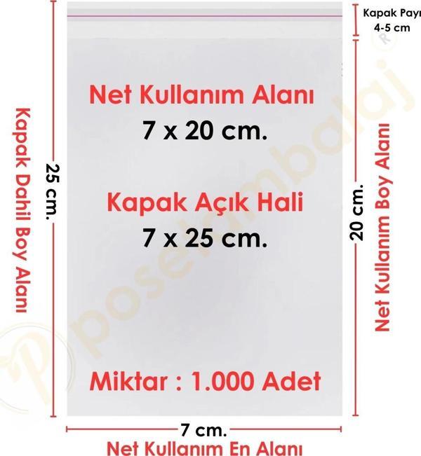7x20+5 cm.(7x25) 1.000 Adet Şeffaf Bantlı Yapışkanlı OPP Poşet - Image 1