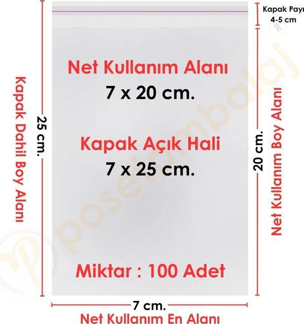 7x20+5 cm.(7x25) 100 Adet Şeffaf Bantlı Yapışkanlı OPP Poşet - Image 1