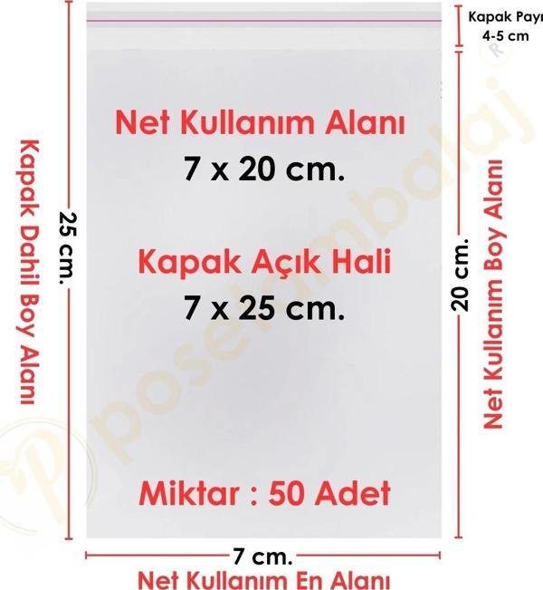 7x20+5 cm.(7x25) 50 Adet Şeffaf Bantlı Yapışkanlı OPP Poşet - Image 1