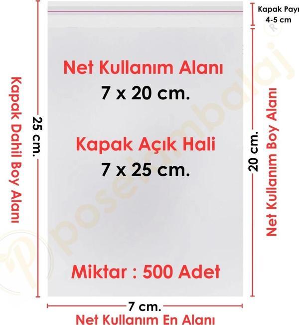7x20+5 cm.(7x25) 500 Adet Şeffaf Bantlı Yapışkanlı OPP Poşet - Image 1