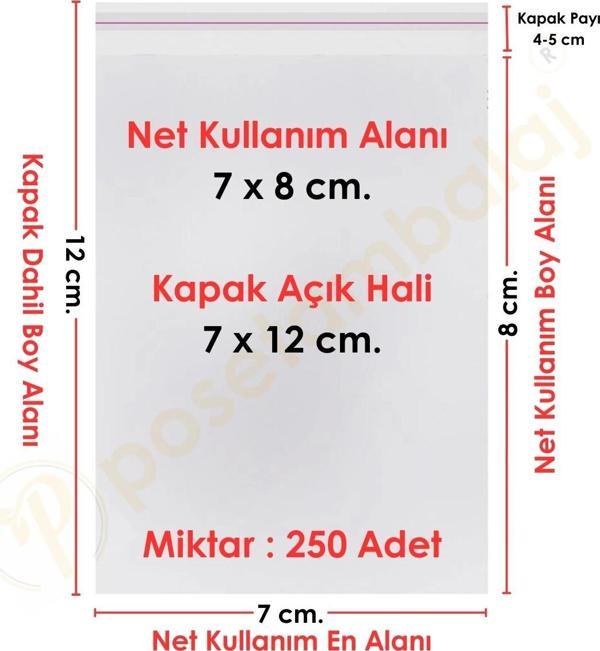 7x7+5 cm.(7x12) 250 Adet Şeffaf Bantlı Yapışkanlı OPP Poşet - Image 1