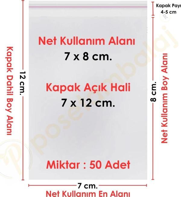 7x7+5 cm.(7x12) 50 Adet Şeffaf Bantlı Yapışkanlı OPP Poşet - Image 1