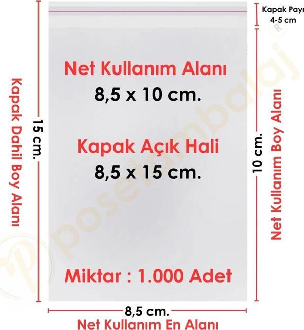 8,5x10+5 cm.(8,5x15) 1.000 Adet Şeffaf Bantlı Yapışkanlı OPP Poşet - Image 1