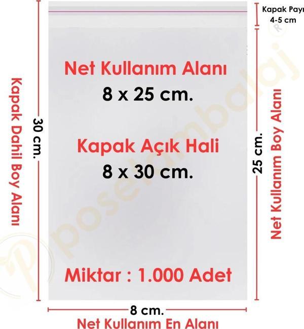 8x25+5 cm.(8x30) 1.000 Adet Şeffaf Bantlı Yapışkanlı OPP Poşet - Image 1