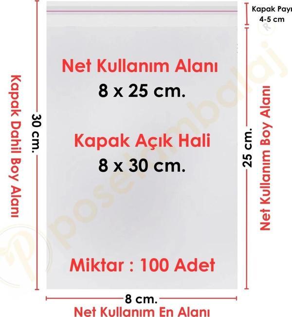 8x25+5 cm.(8x30) 100 Adet Şeffaf Bantlı Yapışkanlı OPP Poşet - Image 1