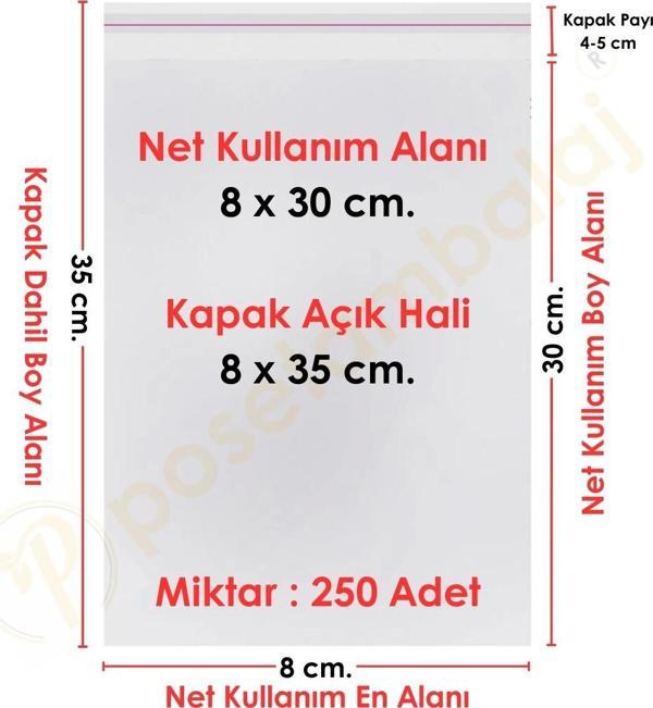 8x30+5 cm.(8x35) 250 Adet Şeffaf Bantlı Yapışkanlı OPP Poşet - Image 1