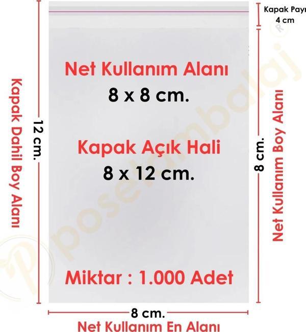 8x8+4 cm.(8x12) 1.000 Adet Şeffaf Bantlı Yapışkanlı OPP Poşet - Image 1