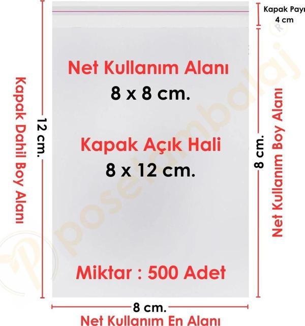 8x8+4 cm.(8x12) 500 Adet Şeffaf Bantlı Yapışkanlı OPP Poşet - Image 1