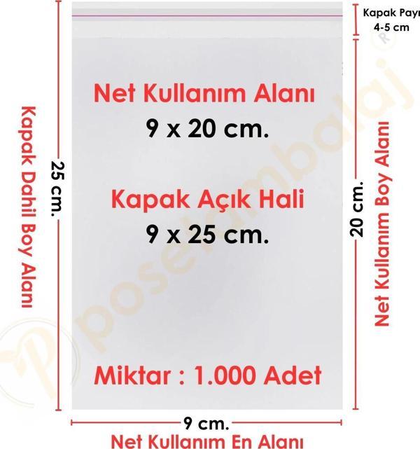 9x20+5 cm.(9x25) 1.000 Adet Şeffaf Bantlı Yapışkanlı OPP Poşet - Image 1