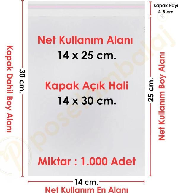 14x25+5 cm.(14x30) 1.000 Adet Şeffaf Bantlı Yapışkanlı OPP Poşet - Image 1