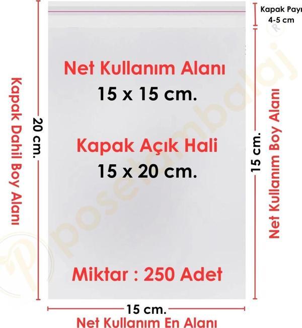 15x15+5 cm.(15x20) 250 Adet Şeffaf Bantlı Yapışkanlı OPP Poşet - Image 1