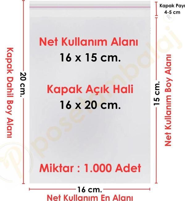 16x15+5 cm.(16x20) 1.000 Adet Şeffaf Bantlı Yapışkanlı OPP Poşet - Image 1