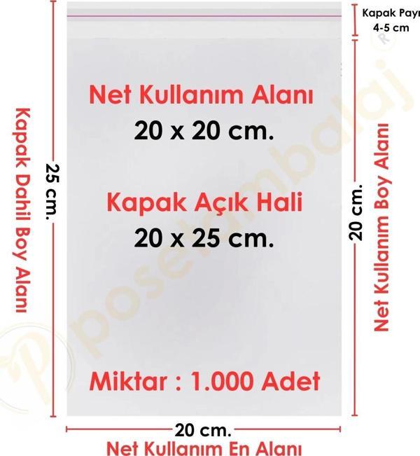 20x20+5 cm.(20x25) 1.000 Adet Şeffaf Bantlı Yapışkanlı OPP Poşet - Image 1