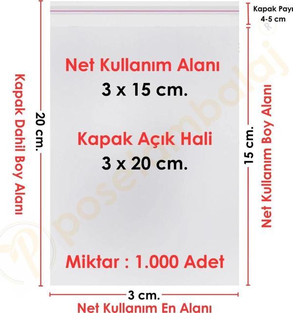 3x15+5 cm.(3x20) 1.000 Adet Şeffaf Bantlı Yapışkanlı OPP Poşet - Image 1