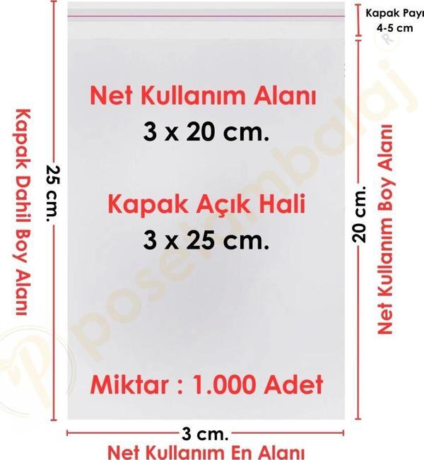 3x20+5 cm.(3x25) 1.000 Adet Şeffaf Bantlı Yapışkanlı OPP Poşet - Image 1
