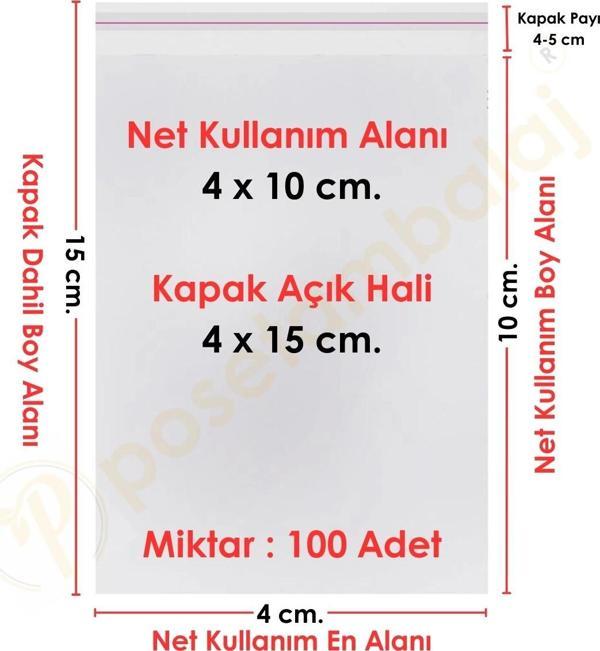 4x10+5 cm.(4x15) 100 Adet Şeffaf Bantlı Yapışkanlı OPP Poşet - Image 1