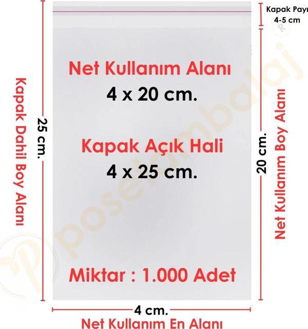 4x20+5 cm.(4x25) 1.000 Adet Şeffaf Bantlı Yapışkanlı OPP Poşet - Image 1
