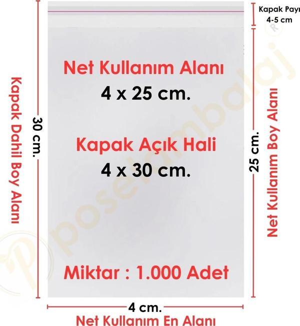 4x25+5 cm.(4x30) 1.000 Adet Şeffaf Bantlı Yapışkanlı OPP Poşet - Image 1
