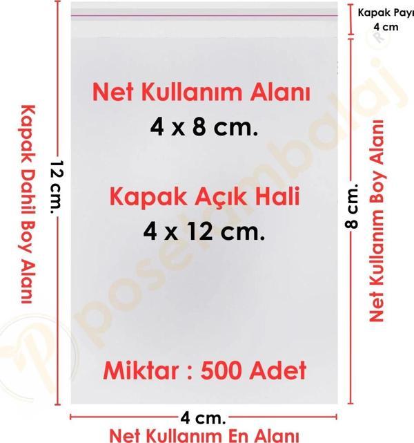 4x8+4 cm.(4x12) 500 Adet Şeffaf Bantlı Yapışkanlı OPP Poşet - Image 1
