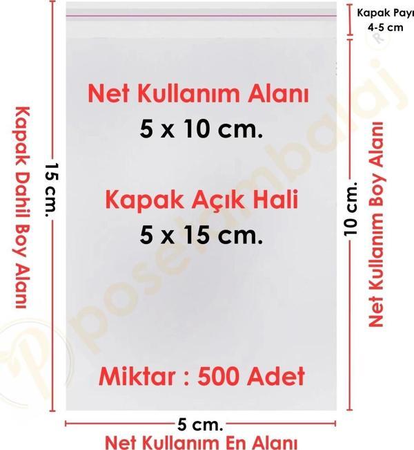 5x10+5 cm.(5x15) 500 Adet Şeffaf Bantlı Yapışkanlı OPP Poşet - Image 1