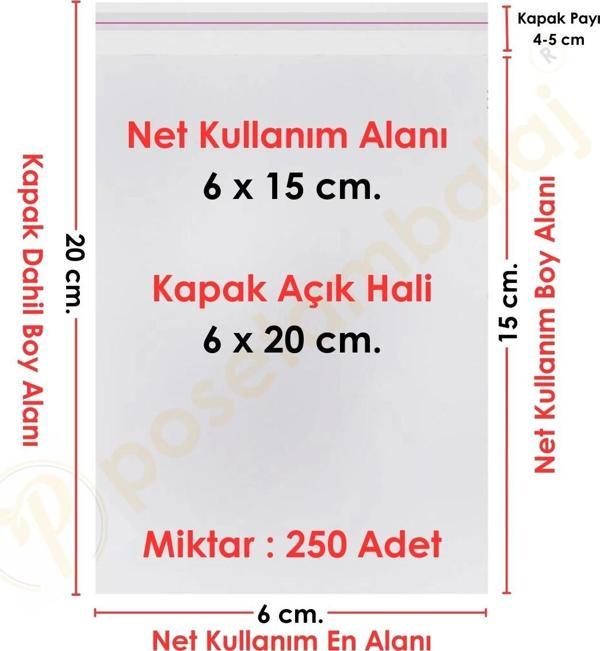 6x15+5 cm.(6x20) 250 Adet Şeffaf Bantlı Yapışkanlı OPP Poşet - Image 1