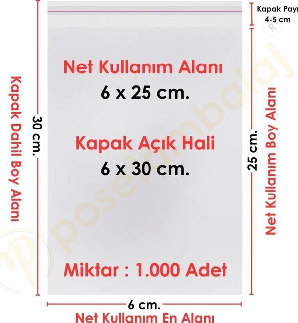 6x25+5 cm.(6x30) 1.000 Adet Şeffaf Bantlı Yapışkanlı OPP Poşet - Image 1