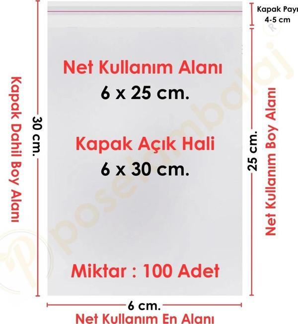 6x25+5 cm.(6x30) 100 Adet Şeffaf Bantlı Yapışkanlı OPP Poşet - Image 1