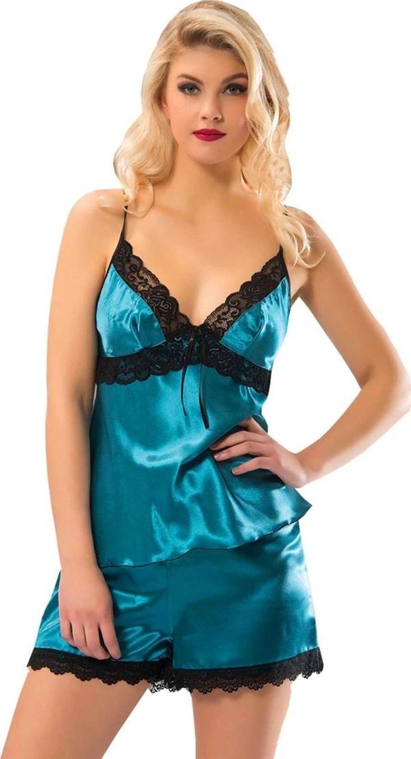 Yeşil Saten Babydoll Şortlu Takım - 298 - Image 1