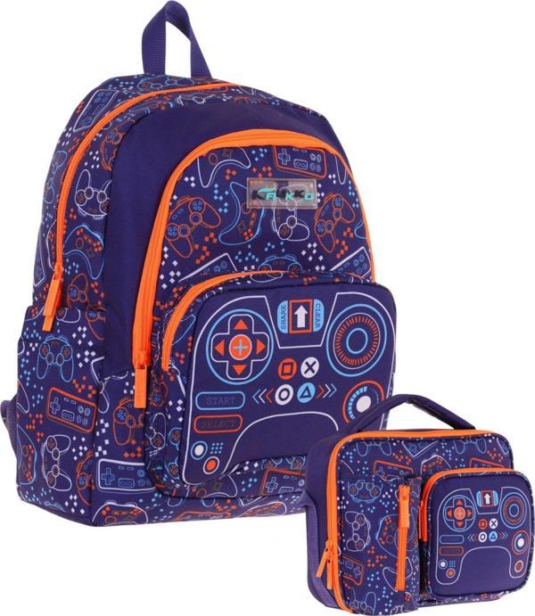 Kaukko Kids Oyun Temalı Erkek Çocuk Lacivert Turuncu Okul Çantası ve Beslenme Çanta Takımı - Image 1