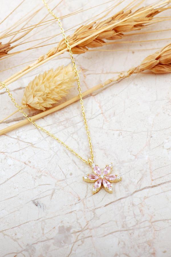 Pembe Taşlı Lotus Çiçeği Altın Kaplama Gümüş Kolye 8087 - Image 1