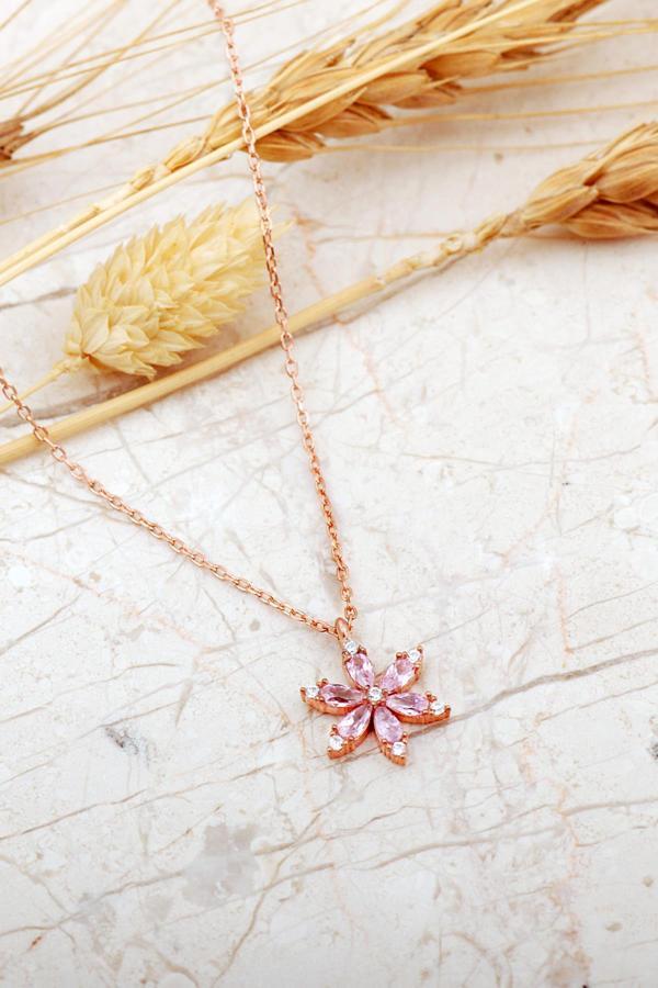 Pembe Taşlı Lotus Çiçeği Rose Kaplama Gümüş Kolye 8088 - Image 1