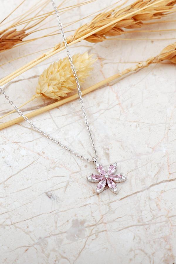 Pembe Taşlı Lotus Çiçeği Rodyum Kaplama Gümüş Kolye 8089 - Image 1