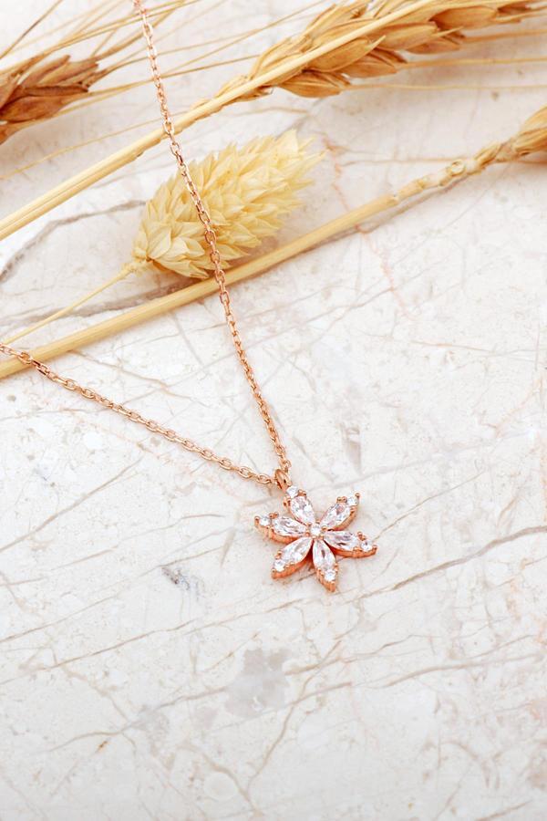 Taşlı Lotus Çiçeği Rose Gümüş Kolye 8091 - Image 1
