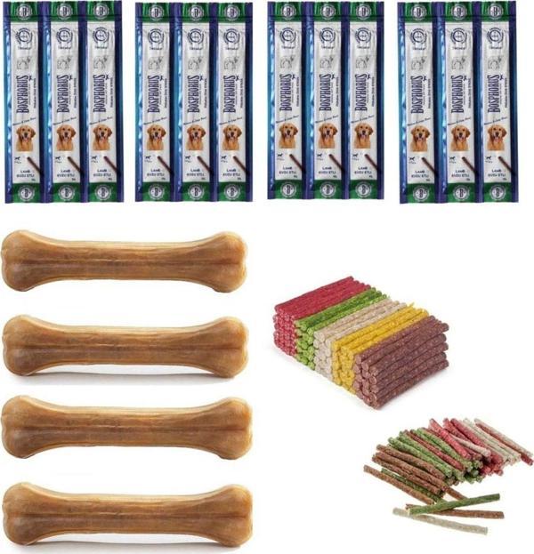 100'lü Renkli Munchy Ödül Çubuğu+4 Adet 15 Cm Naturel Press Kemik+4 Paket Kuzulu Sticks Ödül Çubuğu - Image 1