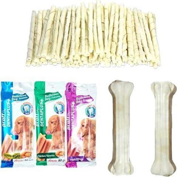 Denta Prof Diş Sağlığı Destekleyici ödül Çubuğu 3 Paket+100'Lü Sütlü Burgu Kemik+2 Adet 15 Cm Sütlü Kemik - Image 1